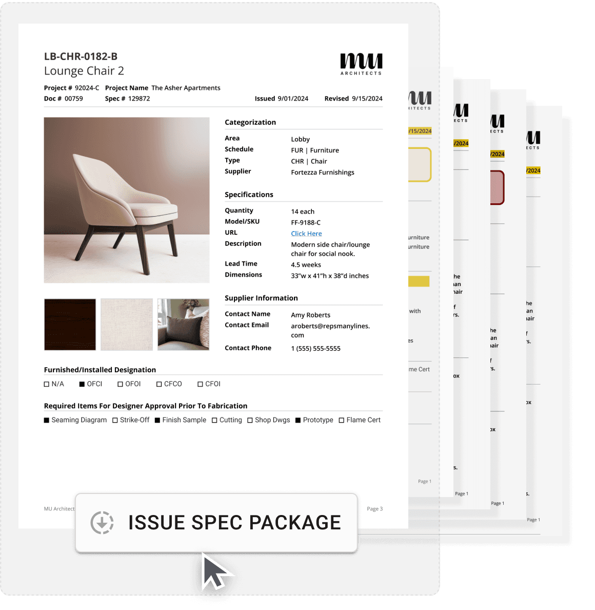 A graphic representation of an ff&e spec sheet that has been exported from Gather, which includes many details that a spec writer would expect in comprehensive ff&e specifications.