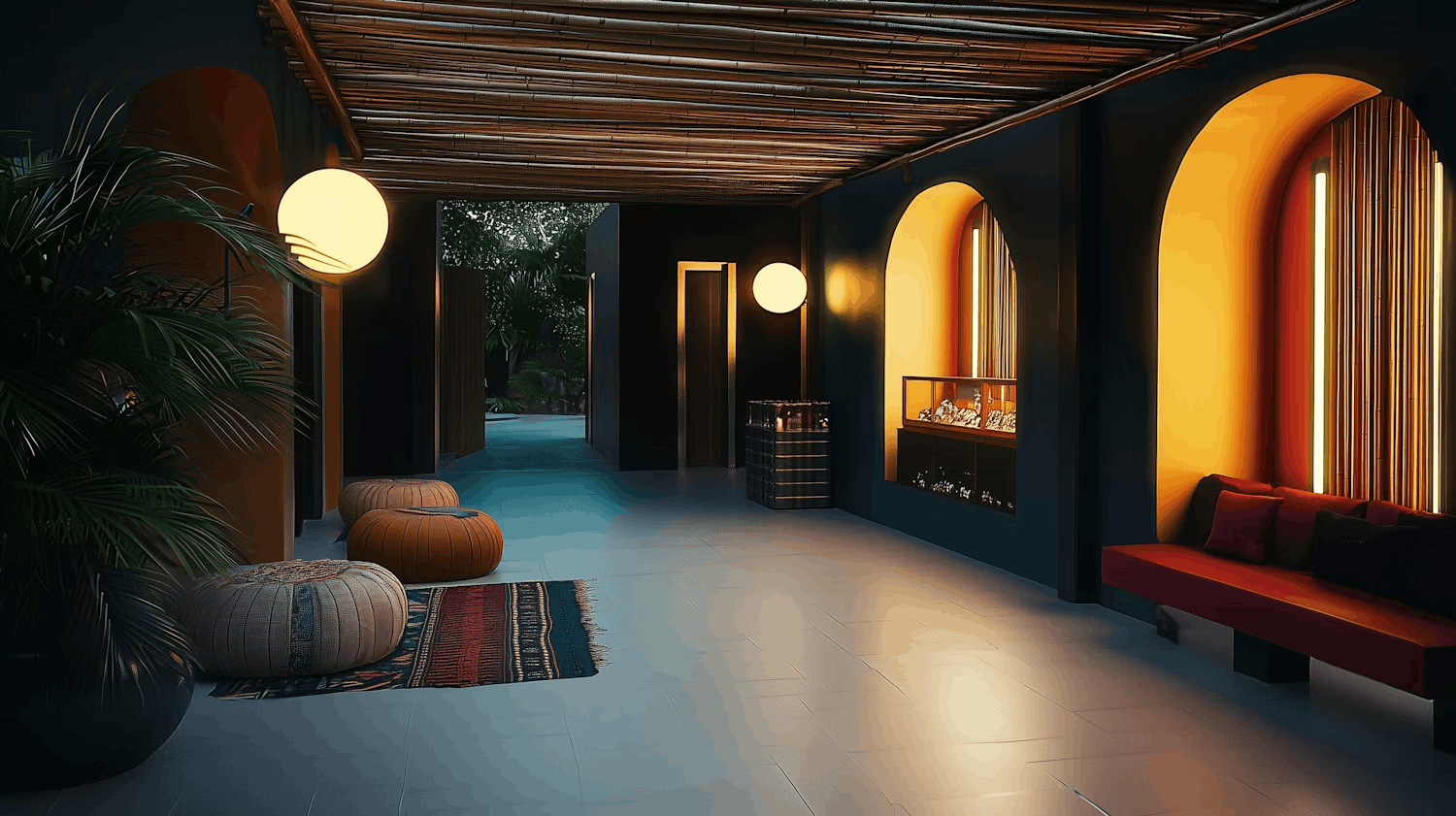 Warmly lit lounge with glowing arched alcoves and bamboo ceiling.