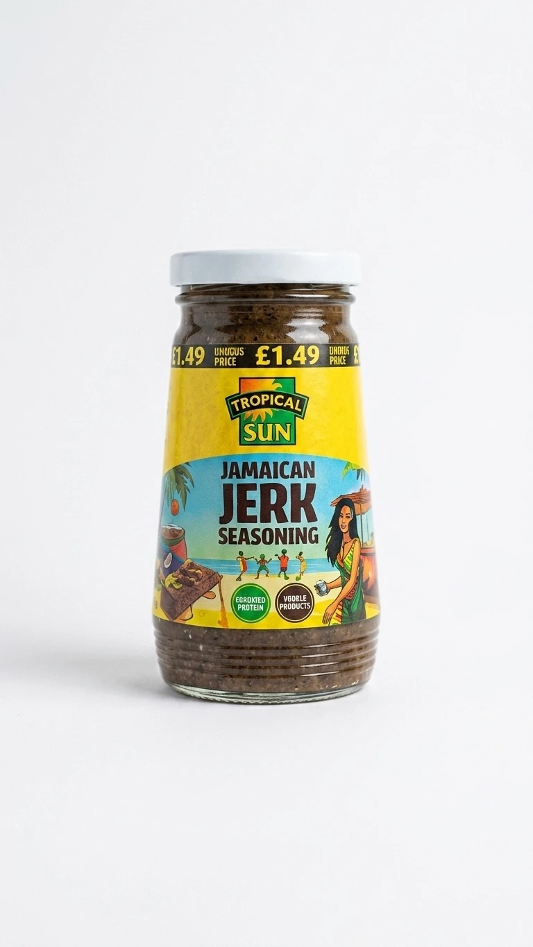 Tropical Sun Jamaican Jerk Seasoning jar product shot with £1.49 price for mediareach retail campaigns
