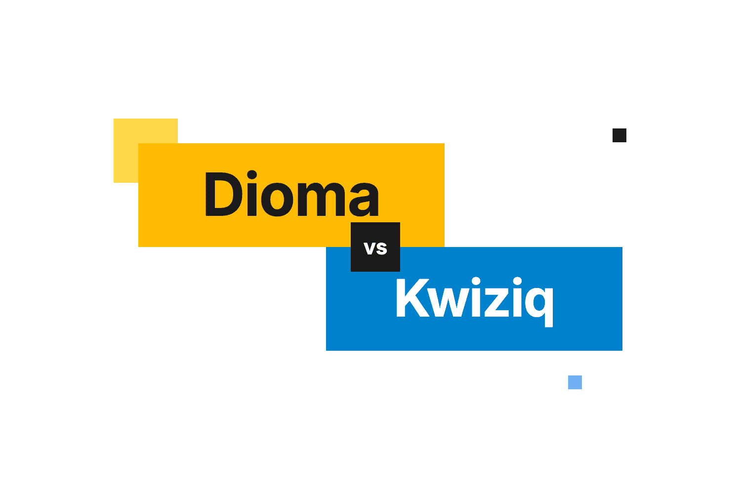 Dioma in a yellow block and Kwiziq in a blue block, offset against each other with a small vs marker at the seam.