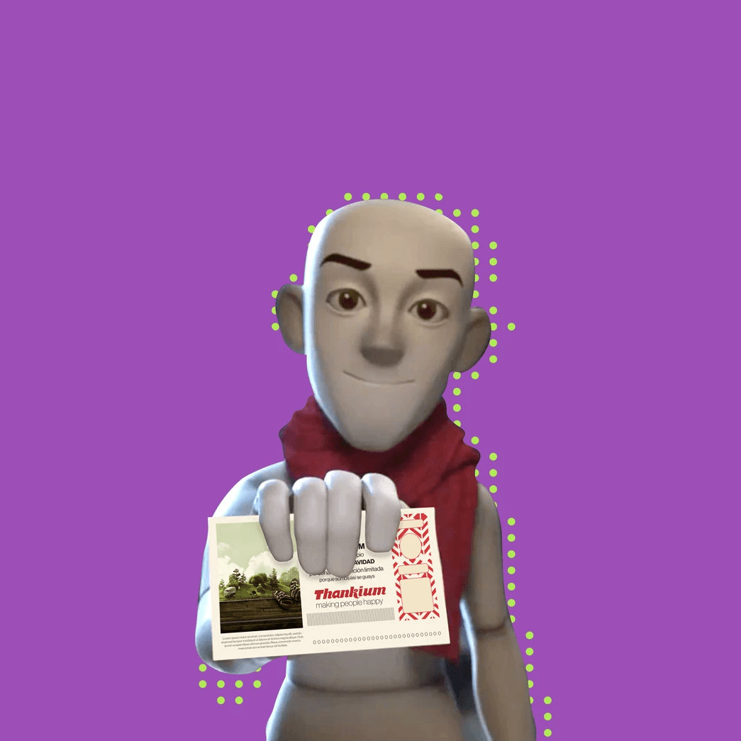 Personaje animado sosteniendo tarjeta en fondo morado.