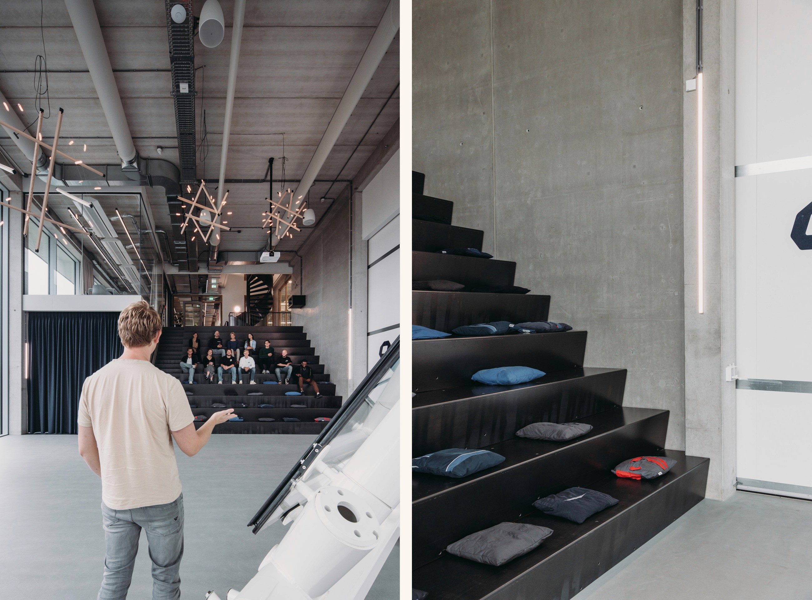Interior photo of the large presentation space with staircase and tribune