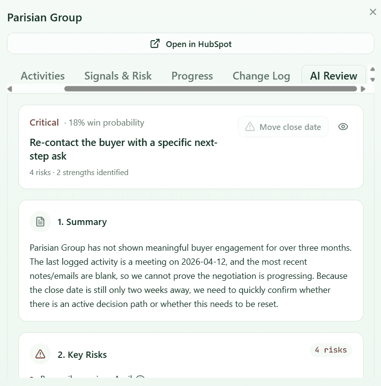 Forecastio AI deal review showing risk and win probability