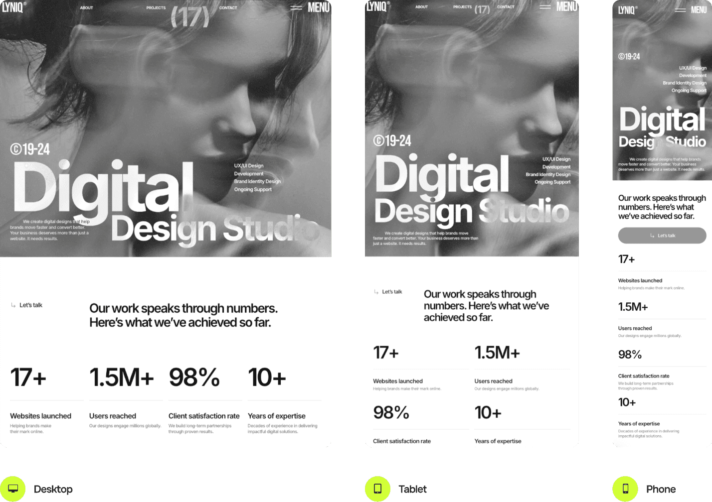 Three screens showing responsive website design - desktop, tablet, and mobile versions of the same website layout