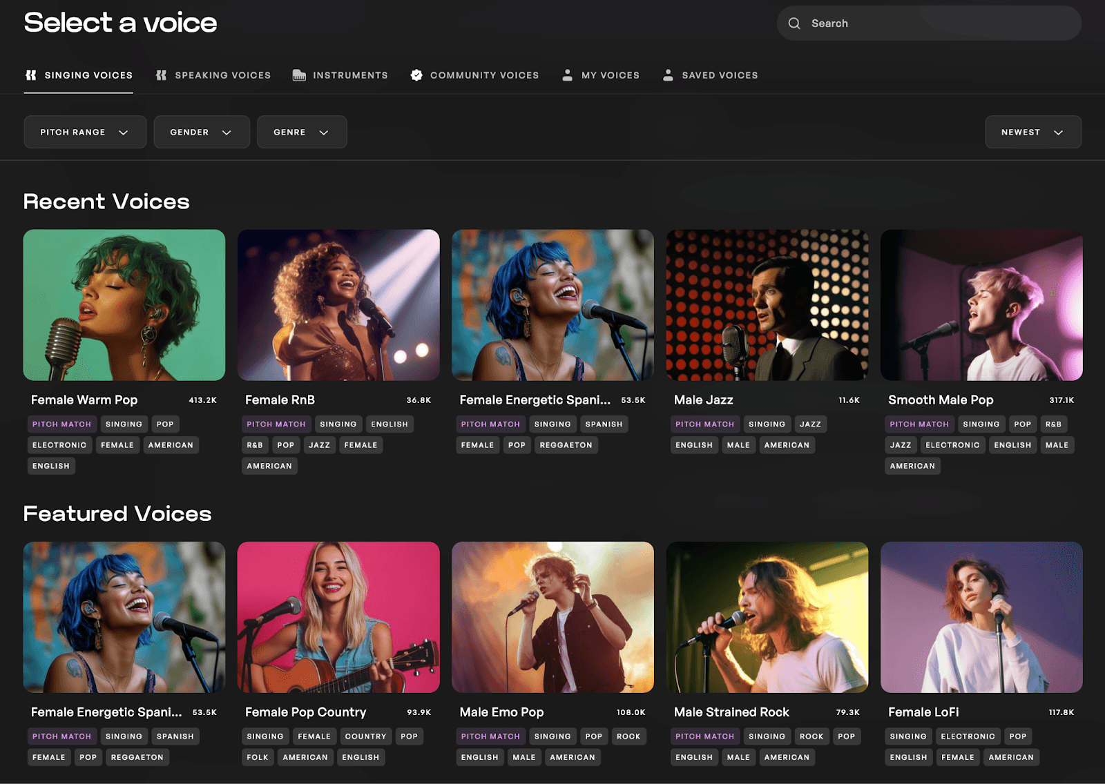 The AI voice changer selection in the Kits AI Voice Library