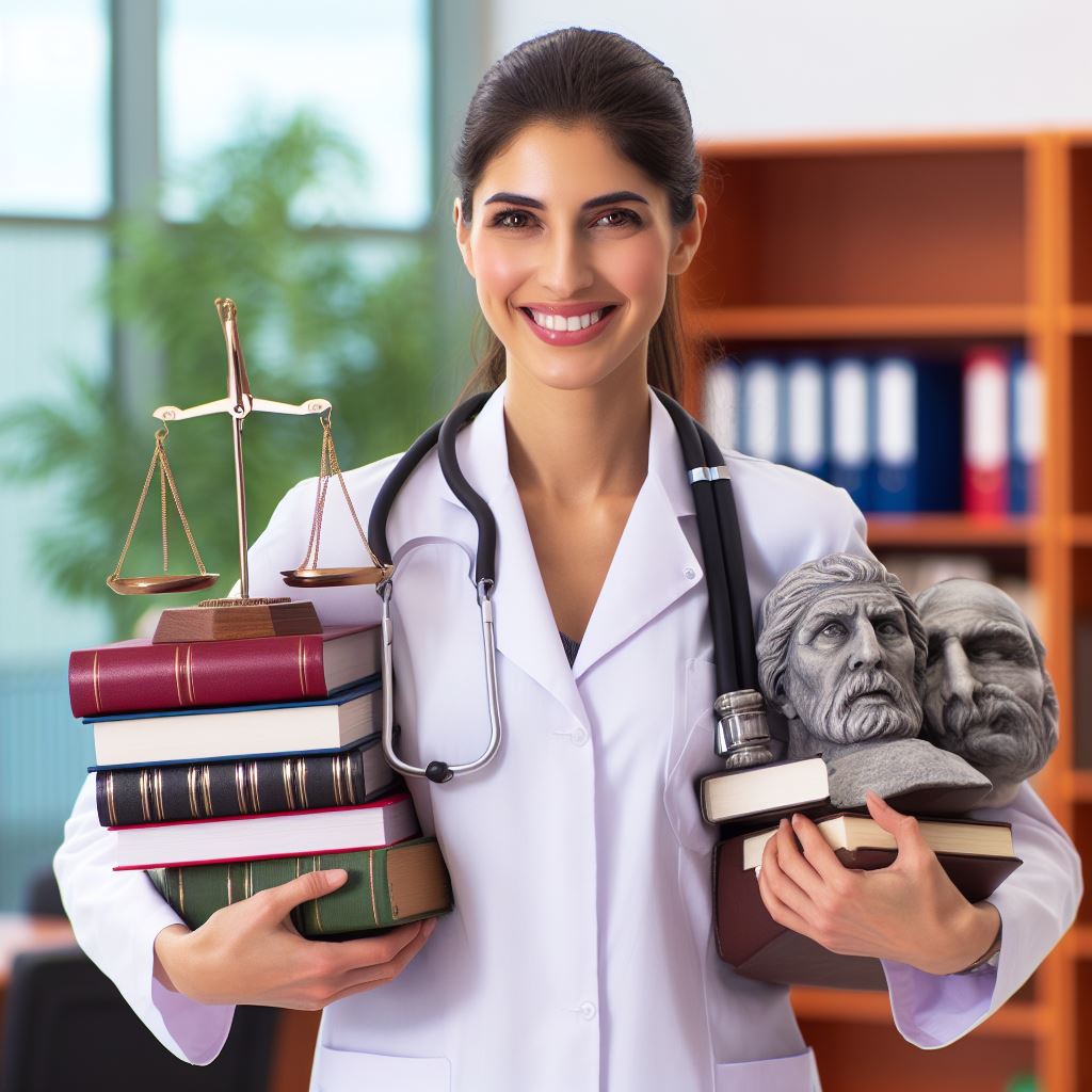 Uma médica segurando em um braço livros de medicina e no outro braço livros de direito