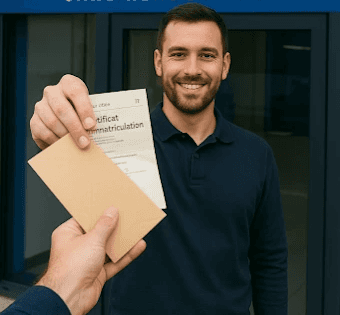 A happy customer smiling wearing orange headband