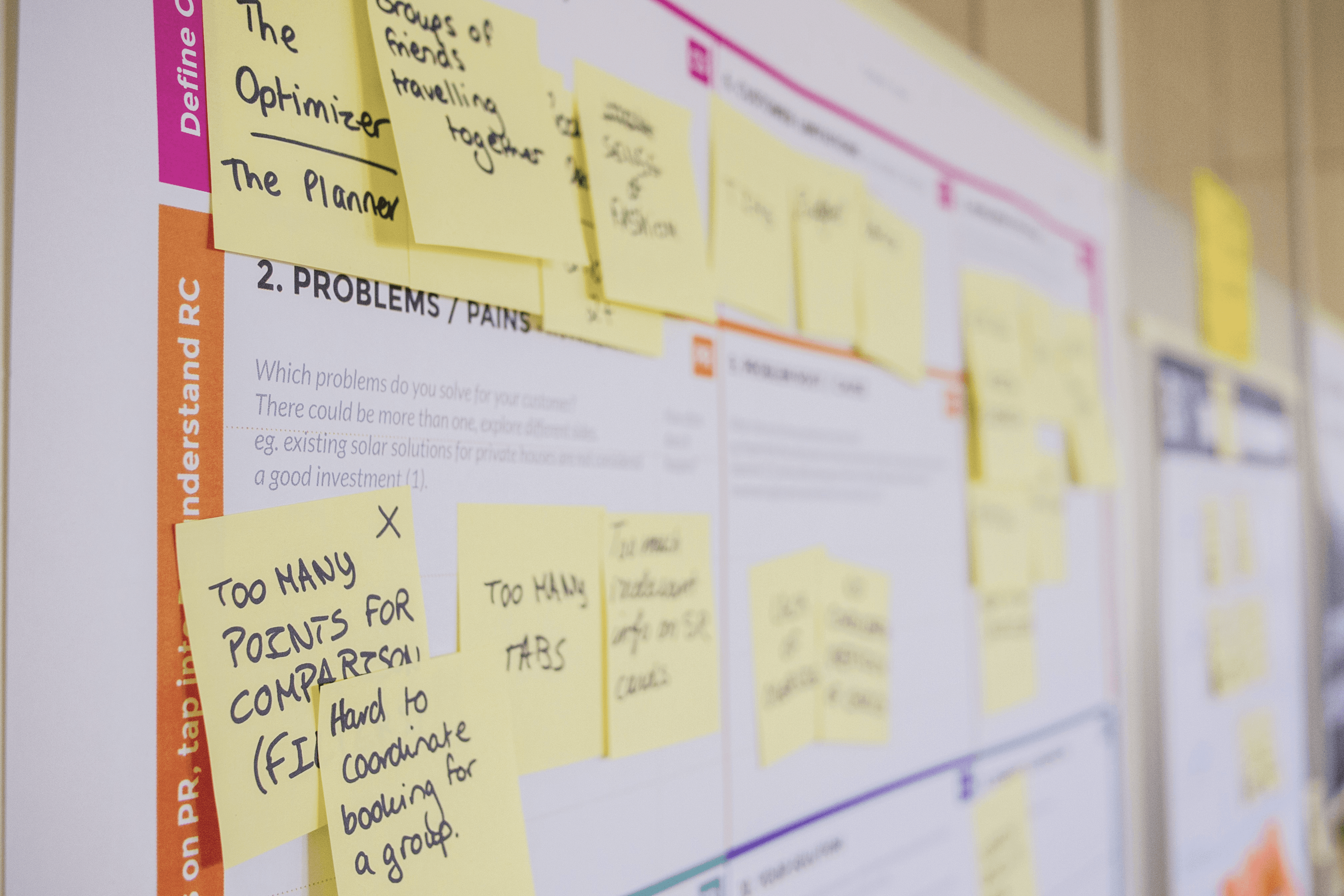 Mapping audiences, pain points and opportunities using post-it notes across a paper canvas  – Photo sourced from unsplash by Daria Nepriakhina.