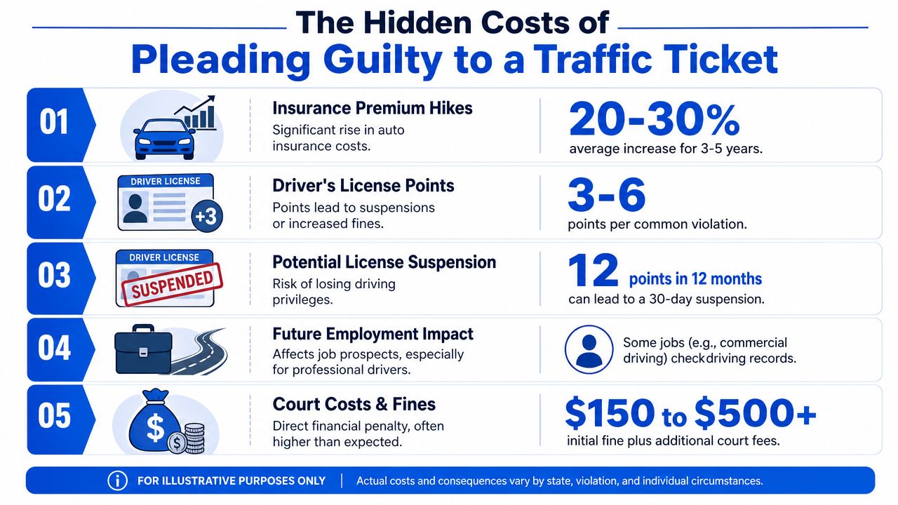 An infographic detailing the hidden financial and personal consequences of pleading guilty to a traffic ticket.