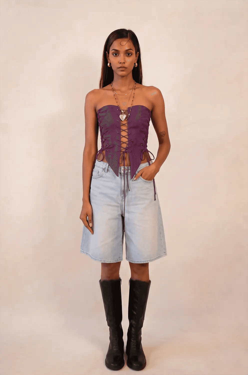 SAHIRA paisley silk corset handcrafted from vintage saree with lace-up panels, smocked back and metal zipper.