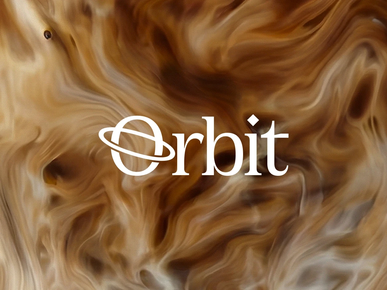 Orbit coffee brand identity displayed over dynamic milk swirl pattern