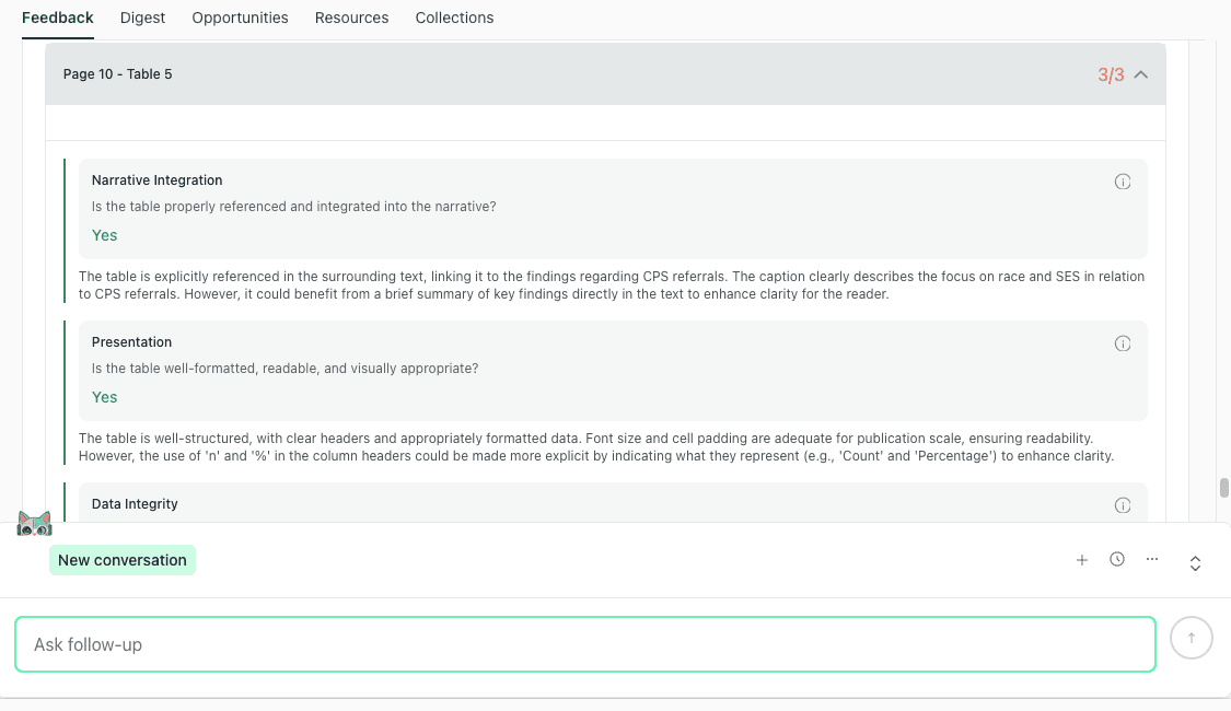 thesify Feedback evaluating a table for narrative integration, presentation, and data integrity.