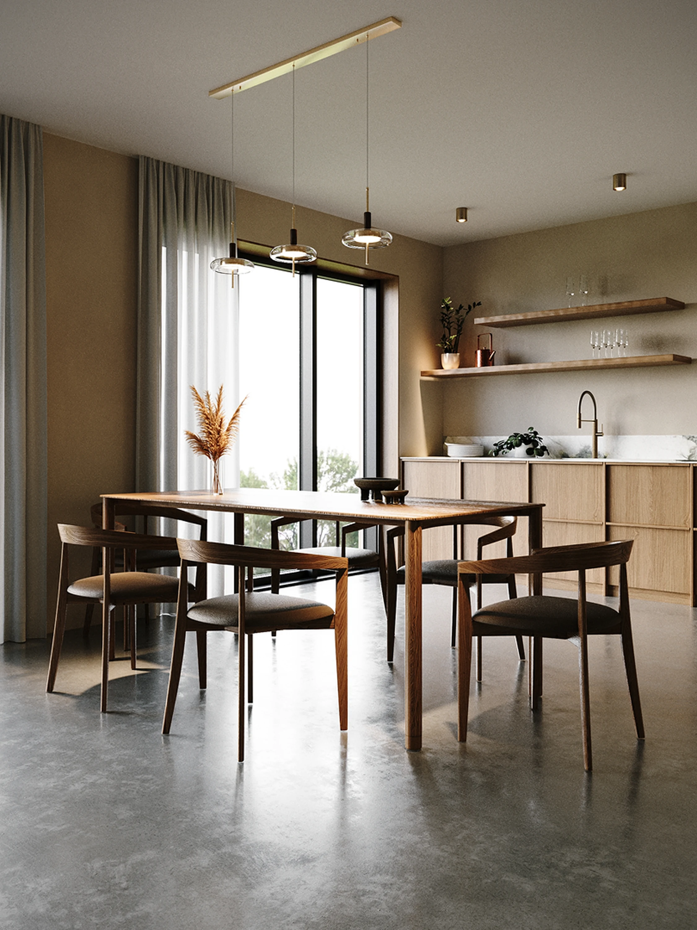 Détail — tablette en bois et verrerie.