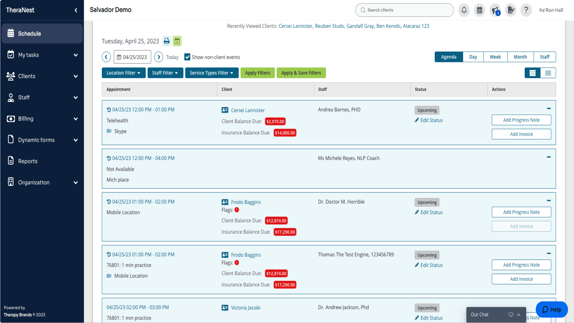 TheraNest scheduling dashboard showing a list view of client appointments with filters, client names, appointment times, staff assignments, and status indicators.