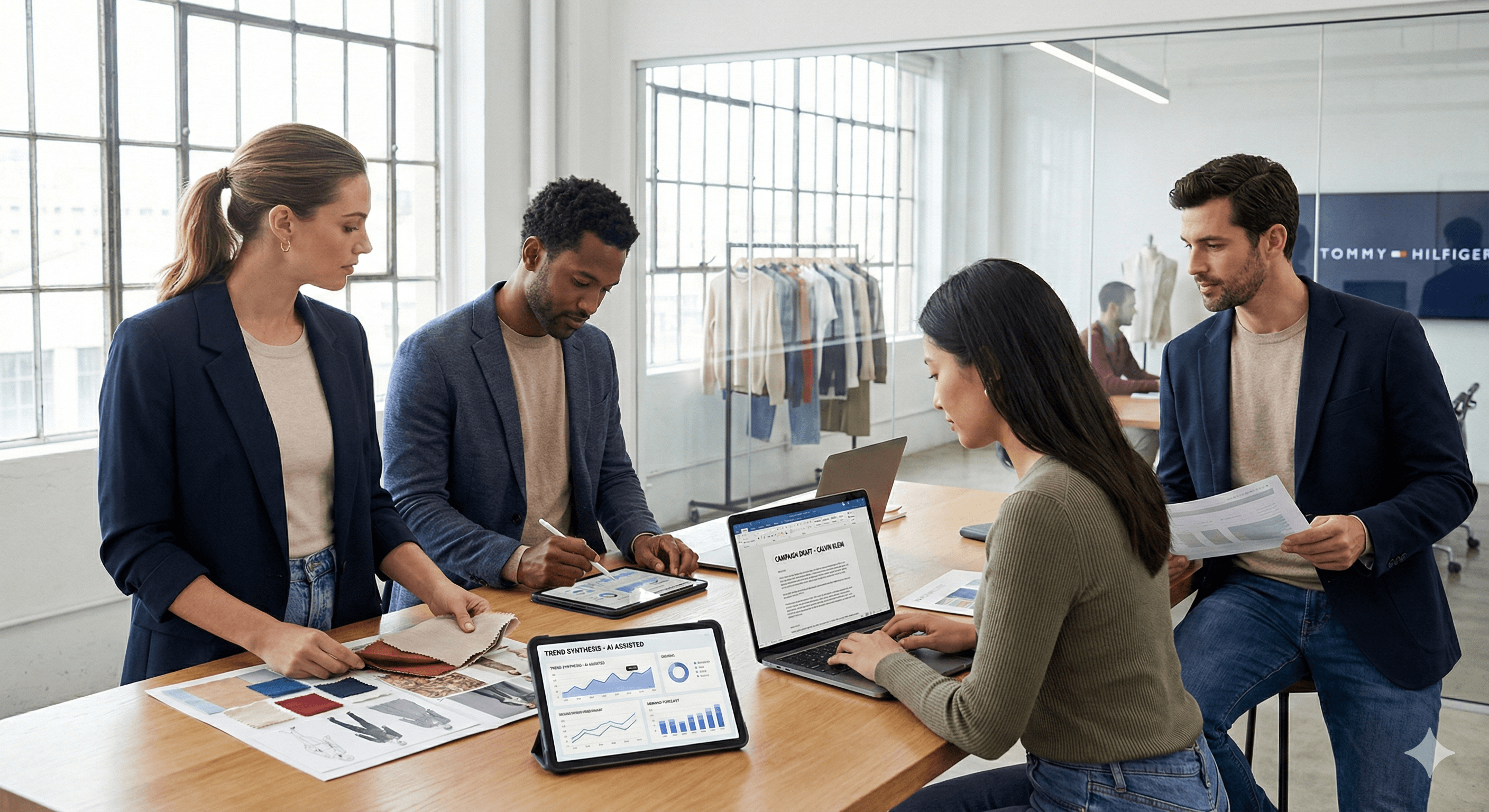In a modern office, four people collaborate around a table featuring laptops, documents, and fashion swatches, highlighting how AI enhances fashion design and engagement, with "Tommy Hilfiger" visible in the background.