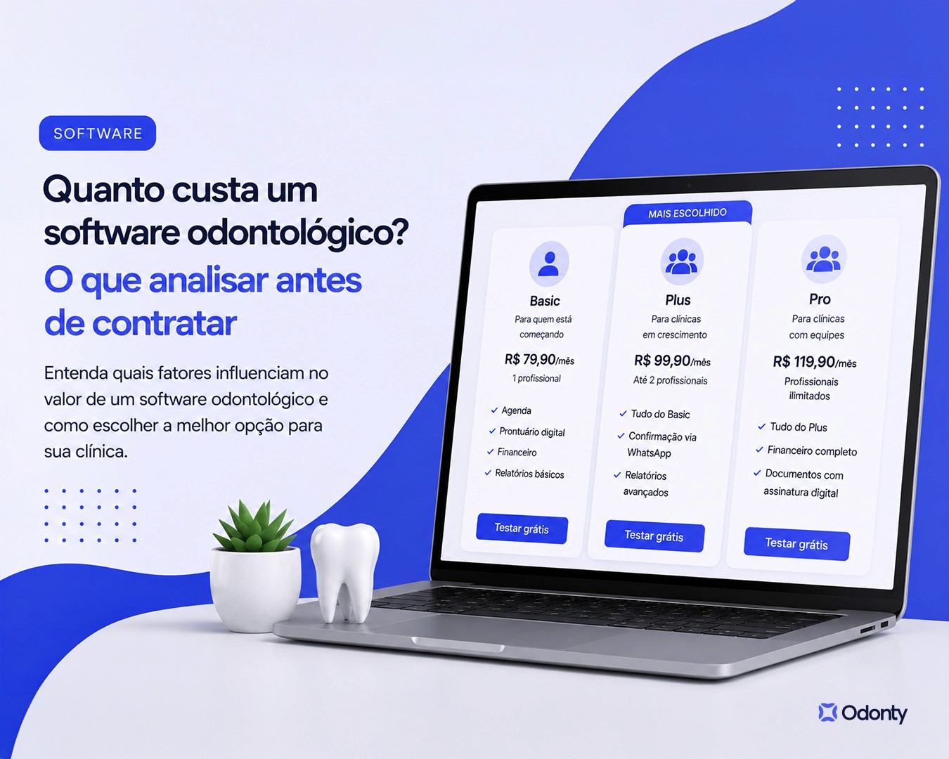Comparação de planos de software odontológico exibidos em notebook com preços e funcionalidades.