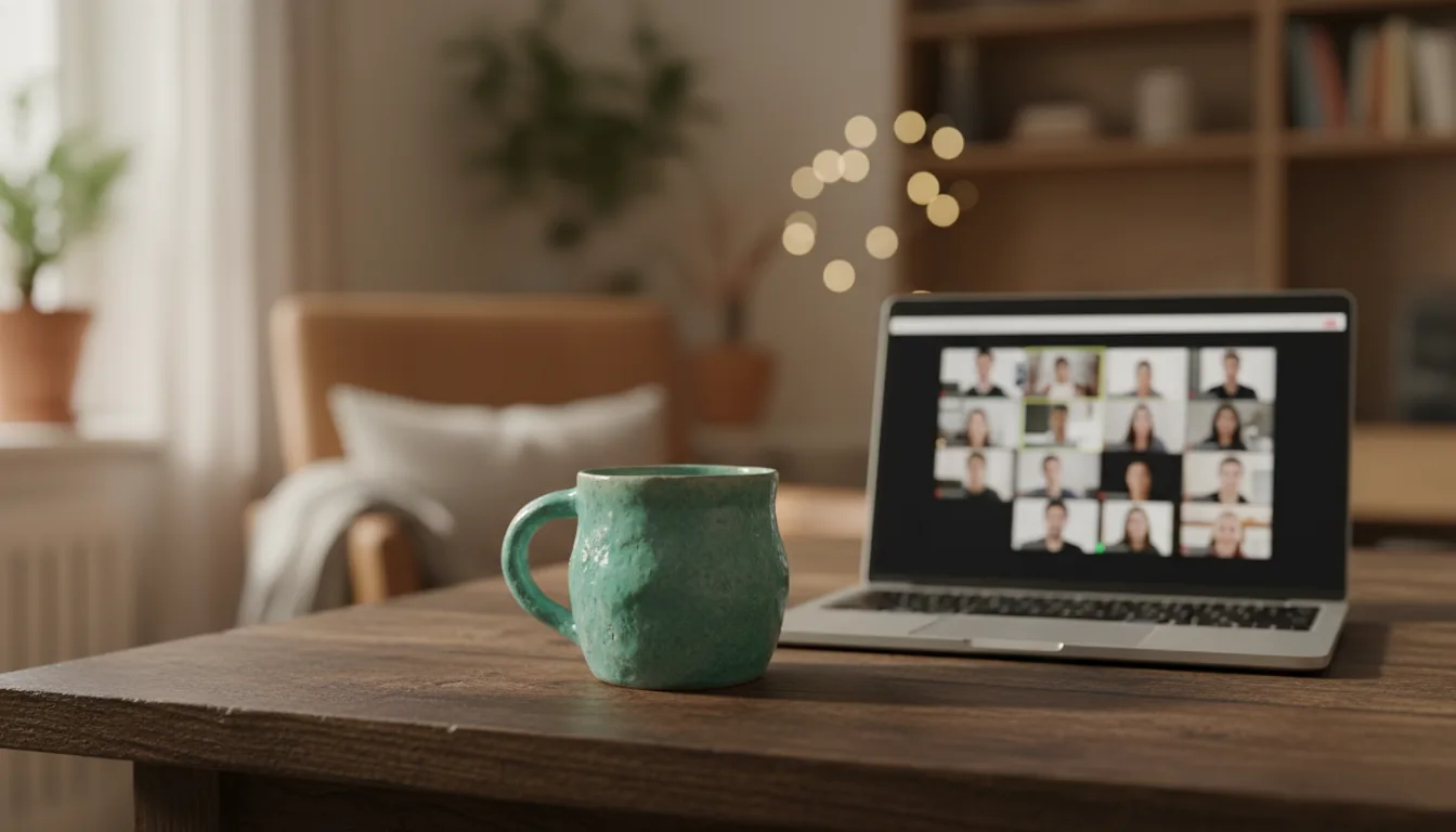 DSLR photography, close-up angled shot of a remote work setup on a dark, rustic wood grain table. A handmade, textured turquoise-green ceramic mug is in sharp focus in the foreground, next to a silver laptop. The laptop screen is on, displaying a video conference call with a grid of many participants. The scene is lit by soft natural daylight, with a shallow depth of field creating a warm bokeh blur of the home interior in the background.