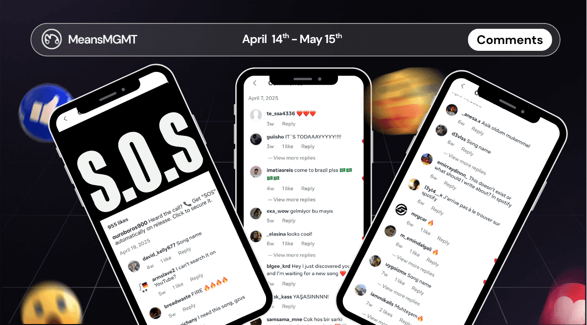 A collage of positive user comments from Meta ads for Ouroboros's song release, demonstrating fan engagement from a successful music advertising campaign.