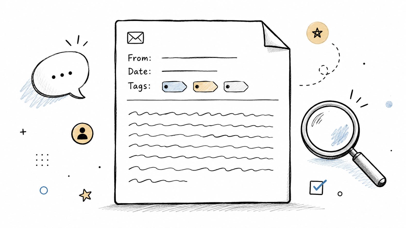 A hand-drawn sketch of a document with email fields, tags, and a magnifying glass nearby.