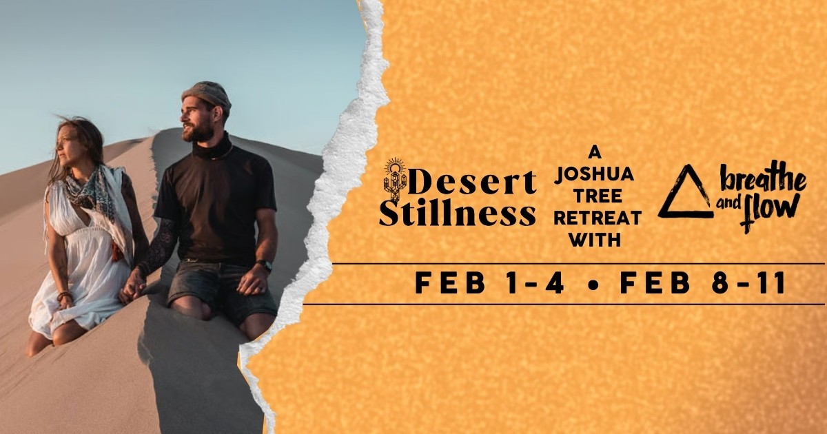 Desert Stillness Event Cover with graphics of event details and a background image of Bre and Flo sat together on a sand dune.