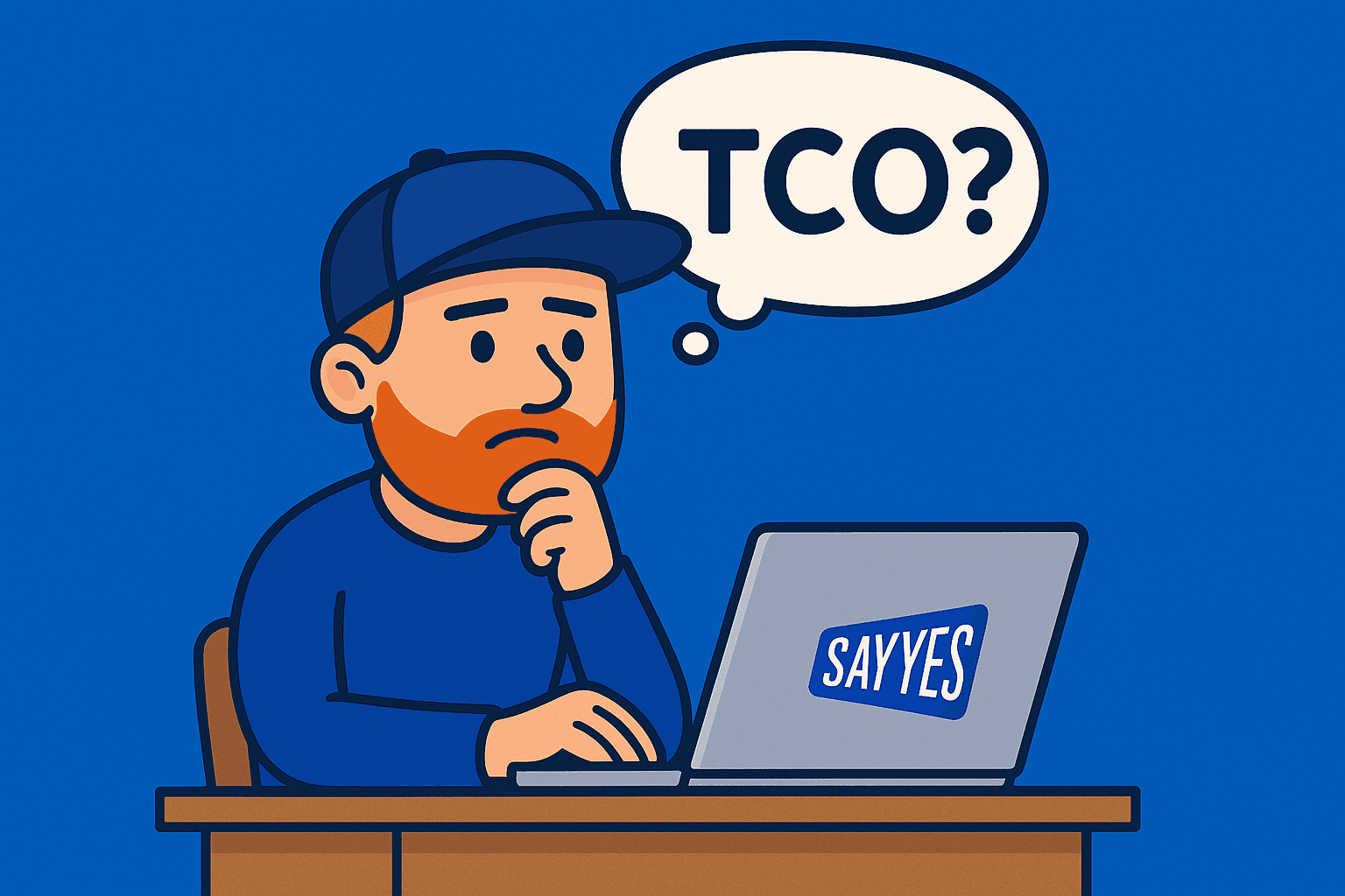 The image shows a cartoon figure, looking at his laptop in a confused manner. There is a speech bubble above his head that reads "TCO?"