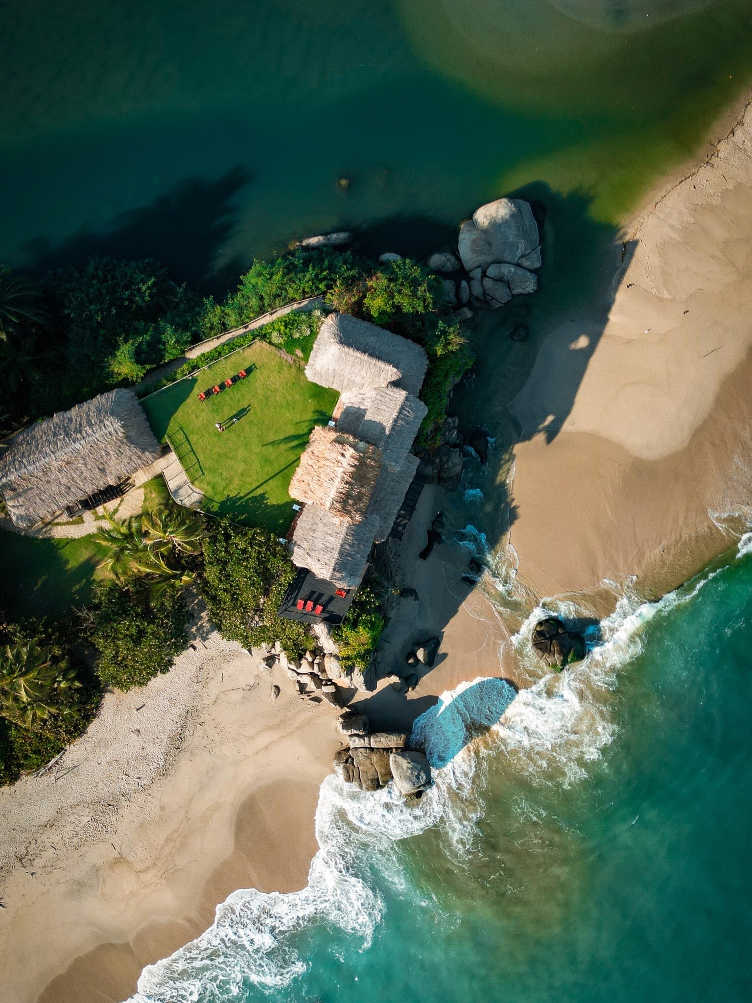 colombia drone shot hotel resort coastline