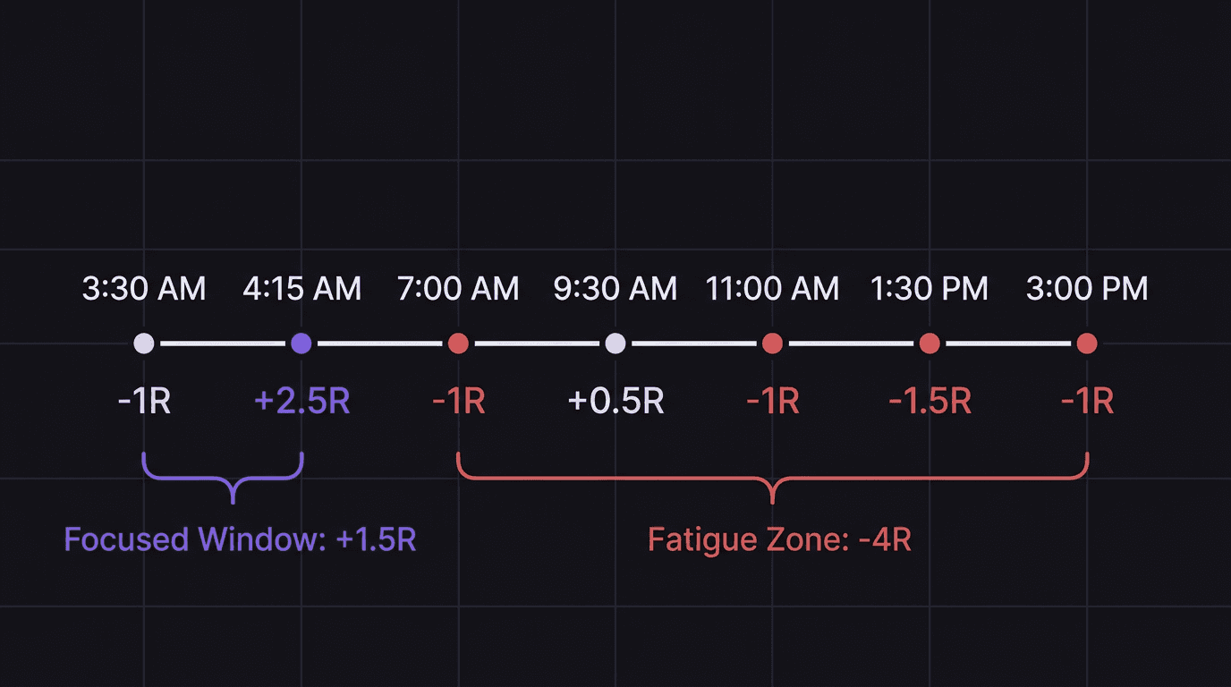 Timeline showing trade quality degradation across a 7-hour trading session