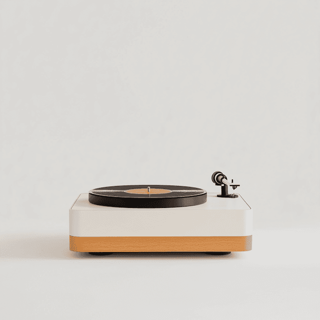 Minimal turntable with a vinyl record on a cream and wood base against a soft gray background.
