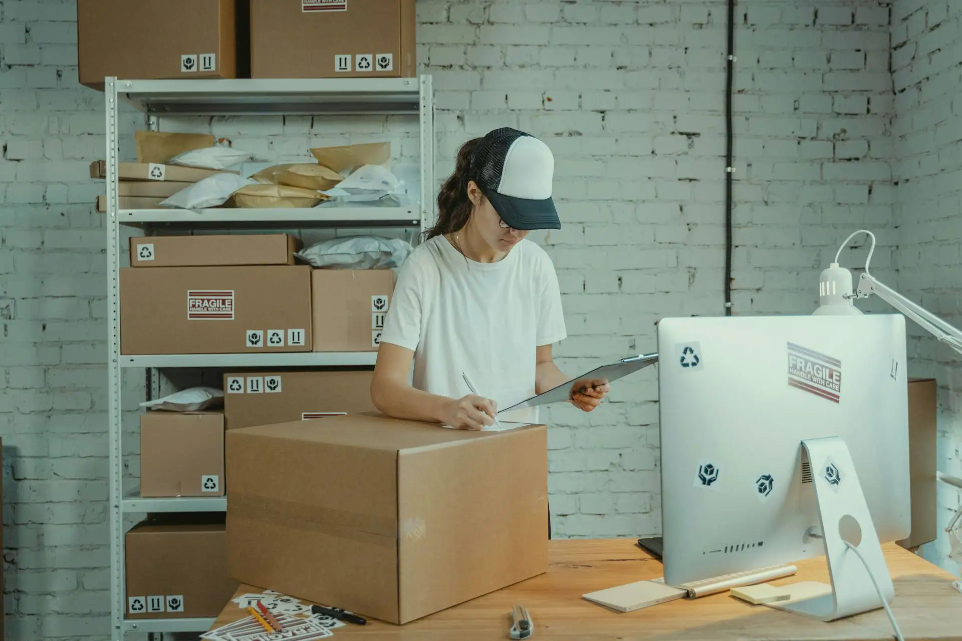 Young female worker organizing items at warehouse.