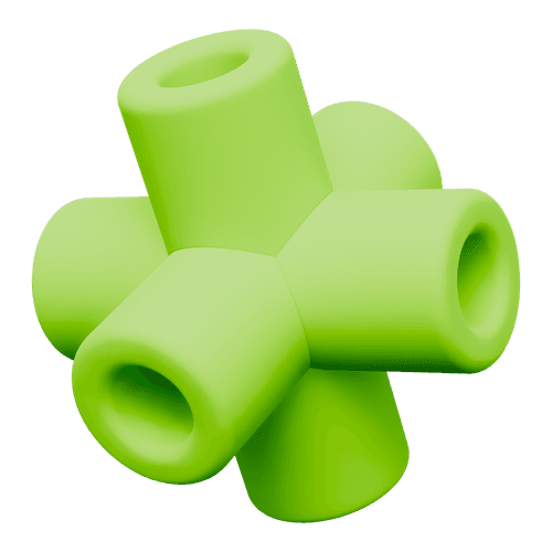 A 3D rendered geometric shape resembling a purple plastic pipe connector with six cylindrical openings arranged symmetrically, showcasing a modern and abstract design.
