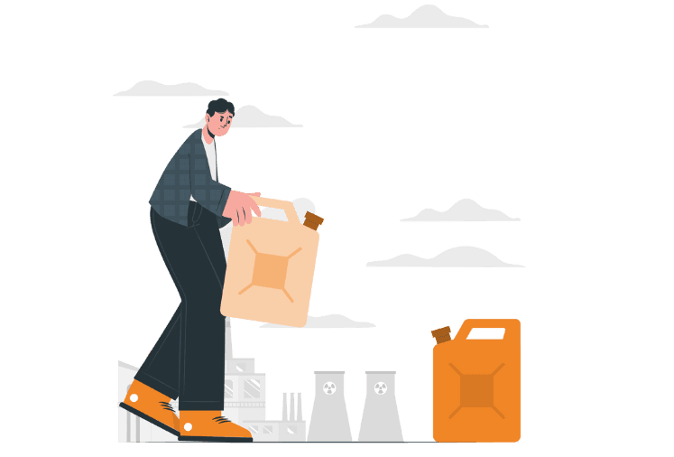 Illustration of a person carrying a fuel container near industrial facilities.