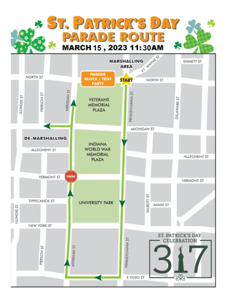 An image of the official route for the 2024 Indy St. Patricks Day Parade