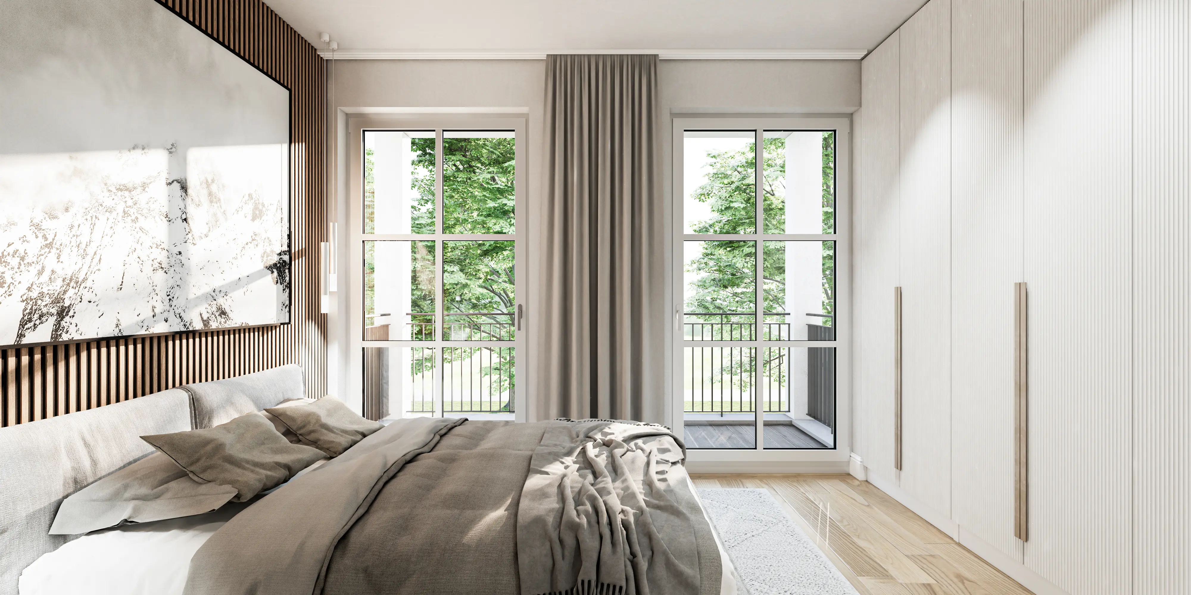 Schlafzimmer mit großen Fenstern und viel Tageslicht in der Mangfallstraße 29, München