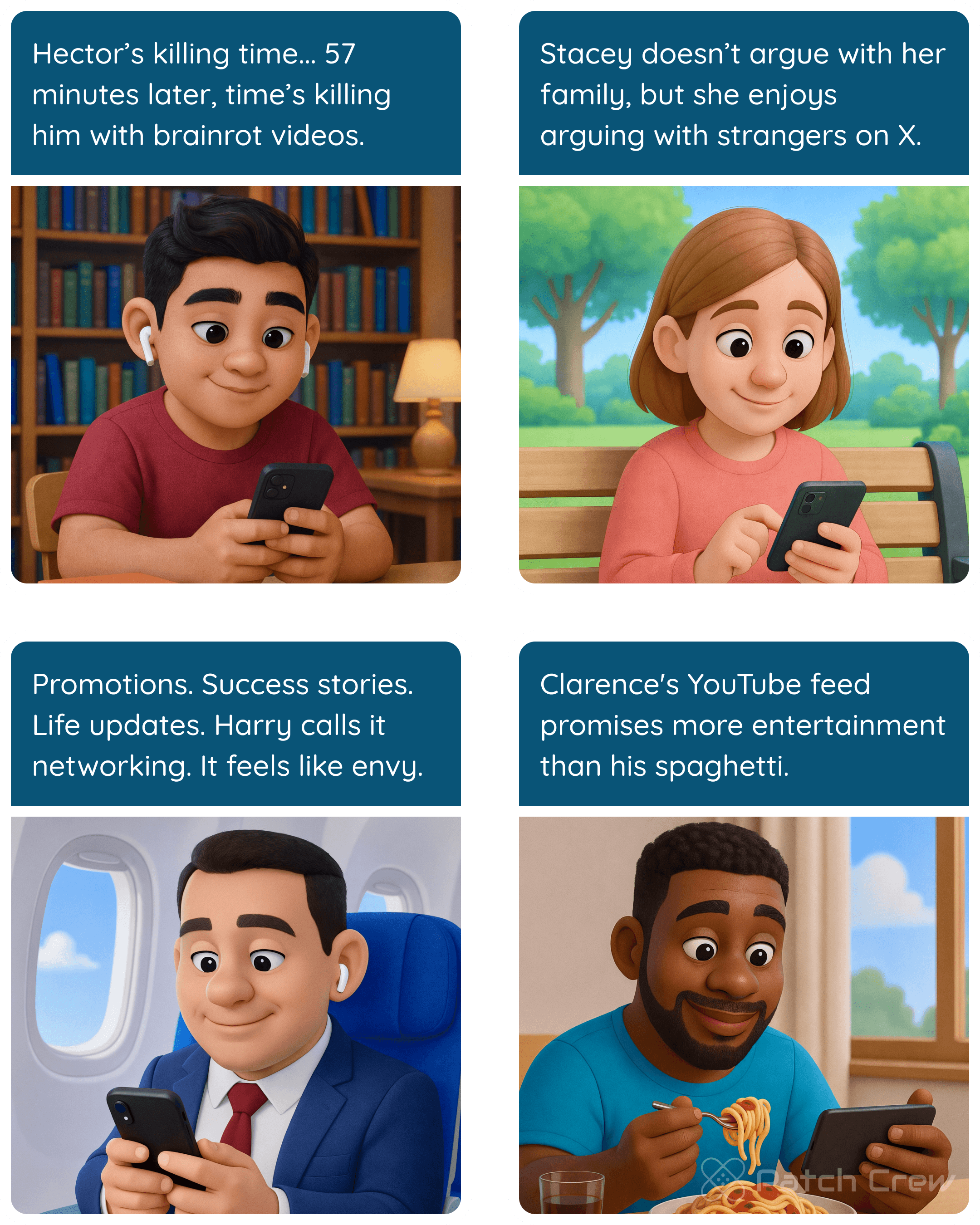 Image 2 of 6 from “I've missed this”: Four people scroll through brainrot videos, online arguments, professional updates, and YouTube instead of engaging with the moment.