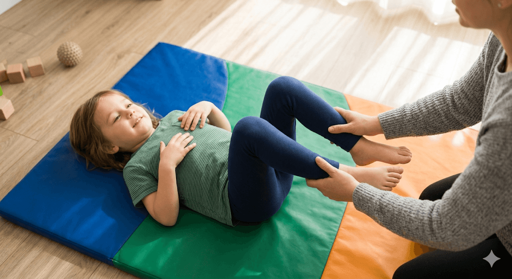 A serene, top-down shot of a child lying on a soft, colorful mat, performing rhythmic floor-based exercises. A therapist’s hands are visible, gently guiding the child's movement. Bright, natural lighting, peaceful atmosphere, focus on intentional movement.