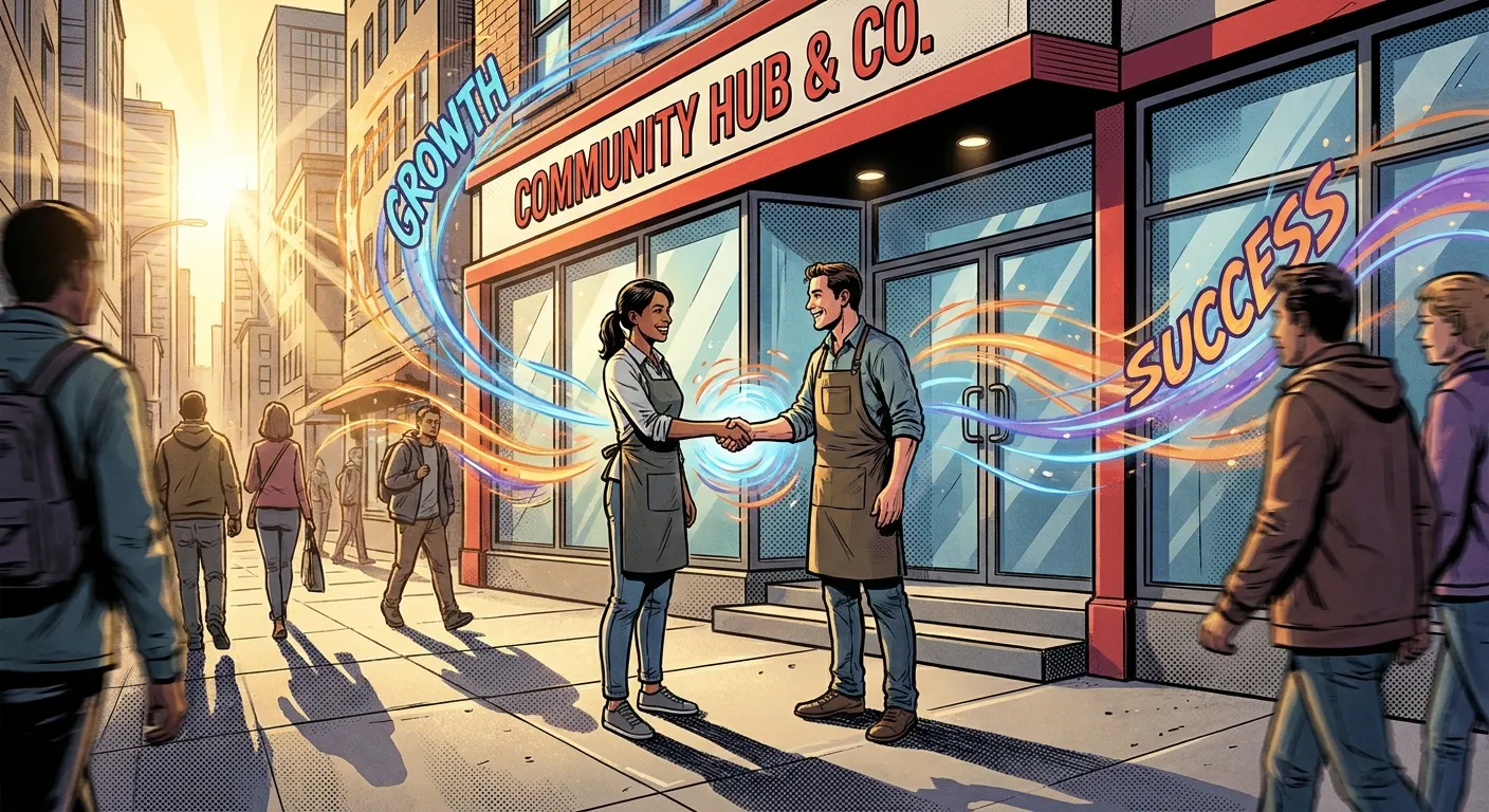People shaking hands outside "Community Hub & Co." store, with words "Growth" and "Success" swirling around. Perfect scene for RockN' Socials digital marketing agency.