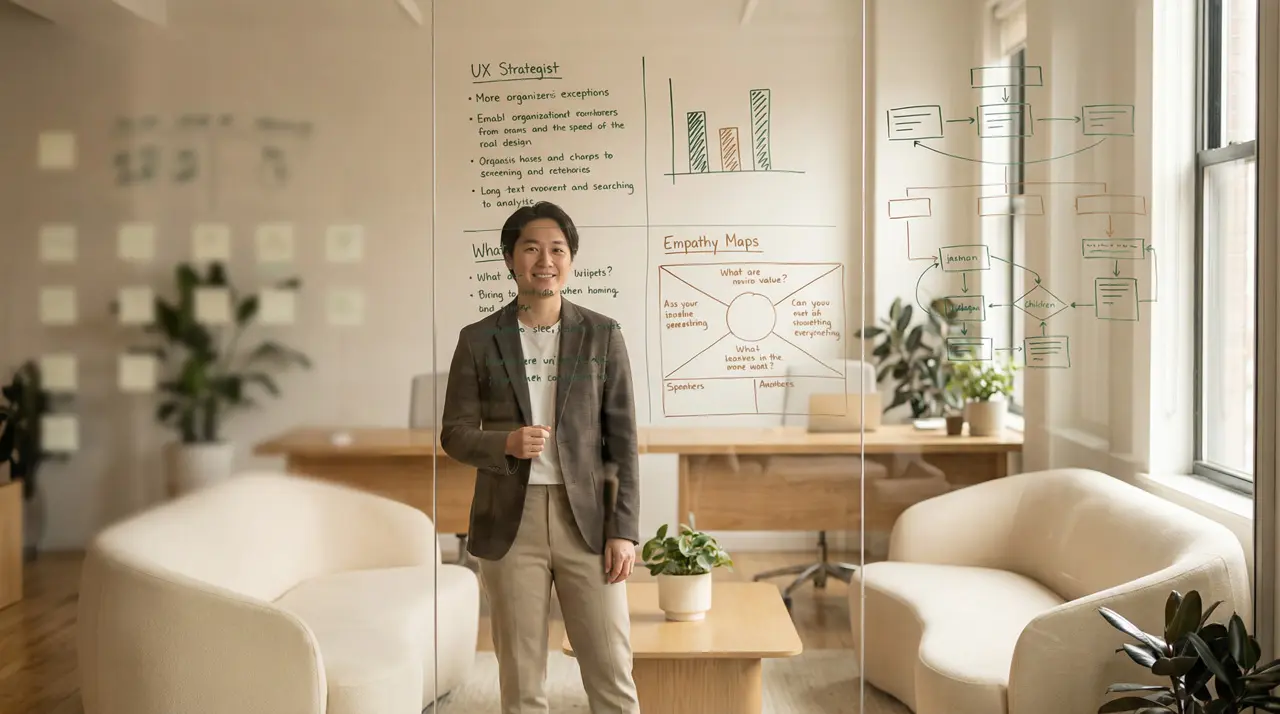 Estratega UX organizando hallazgos de investigación en un panel de vidrio, clasificando entrevistas y datos en un espacio de trabajo iluminado con luz natural.