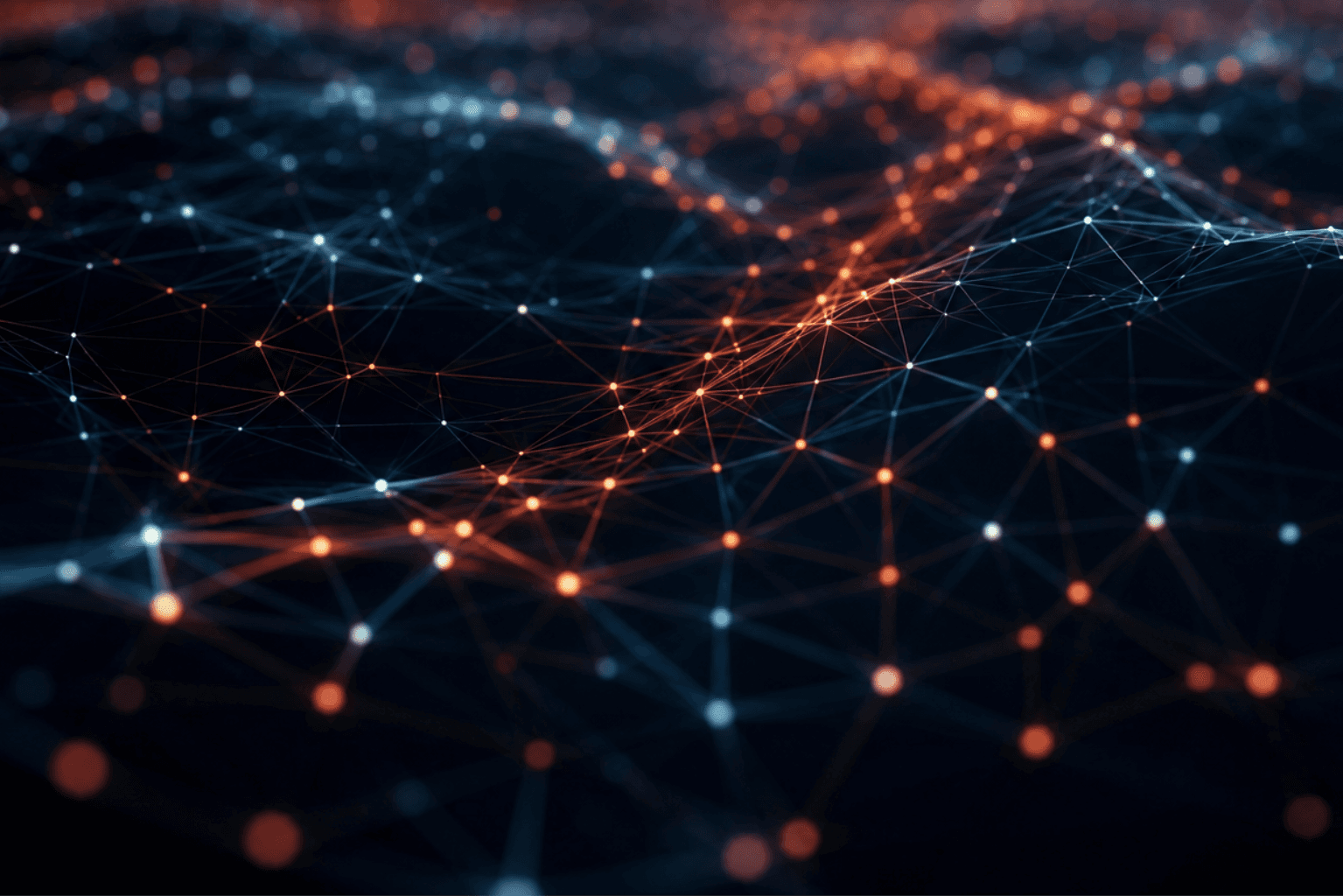 An abstract network of blue and red nodes and threads.