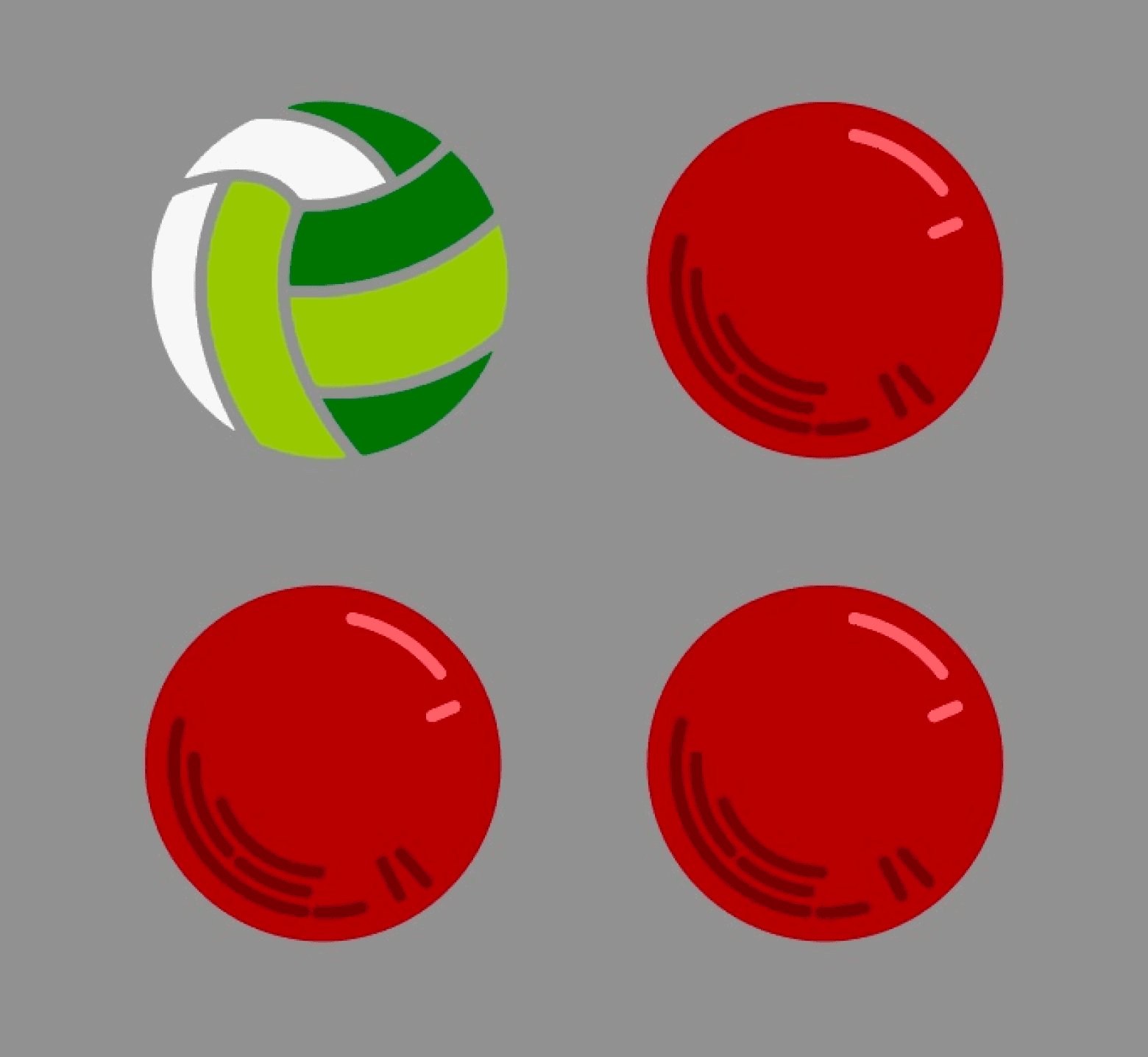 The four main balls of quadball: one quadball and three dodgeballs