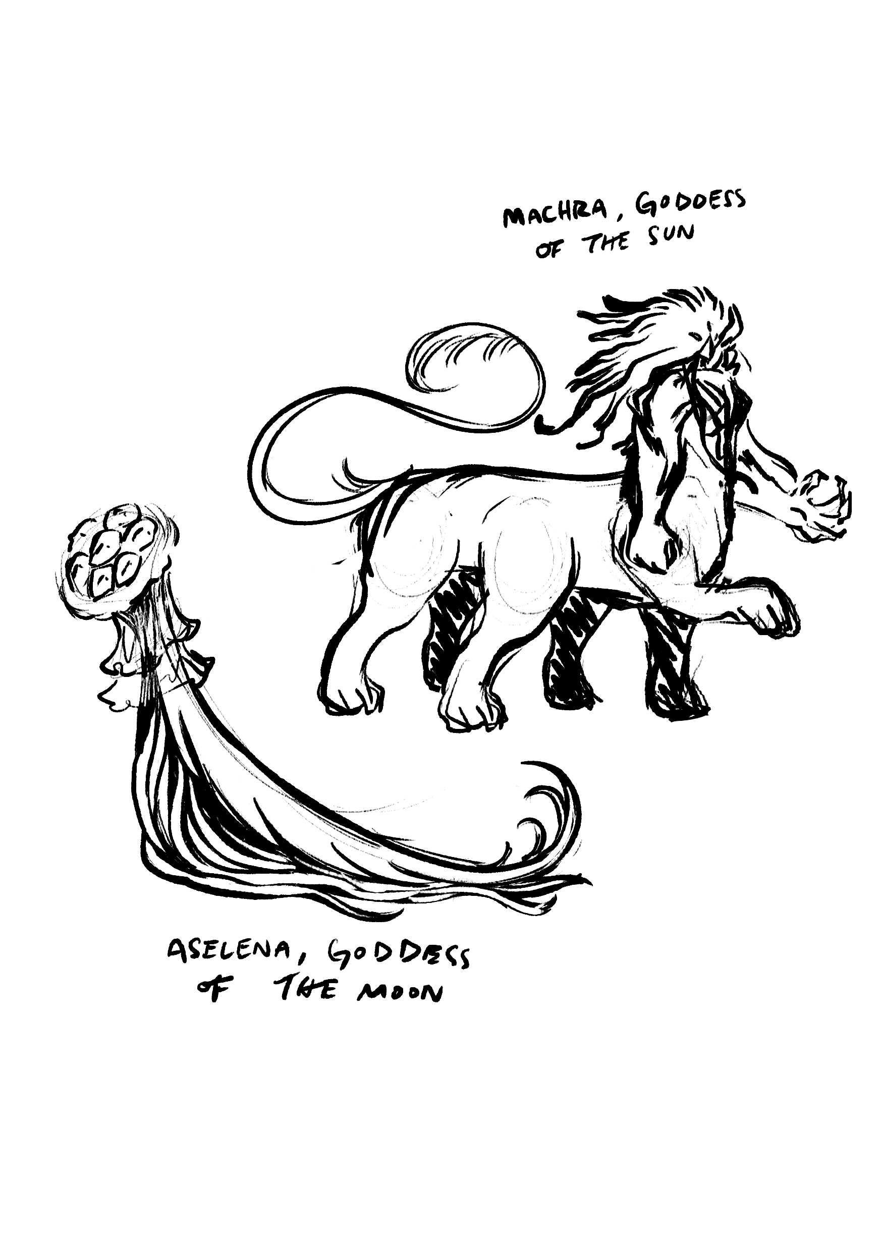 Initial design sketches of the two goddess