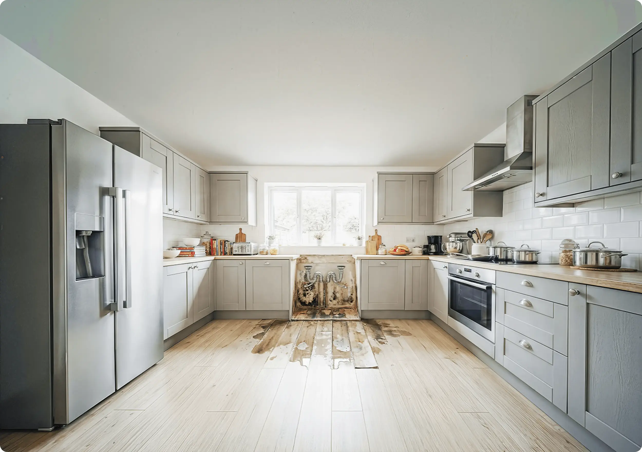 Water damage kitchen with gray cabinets