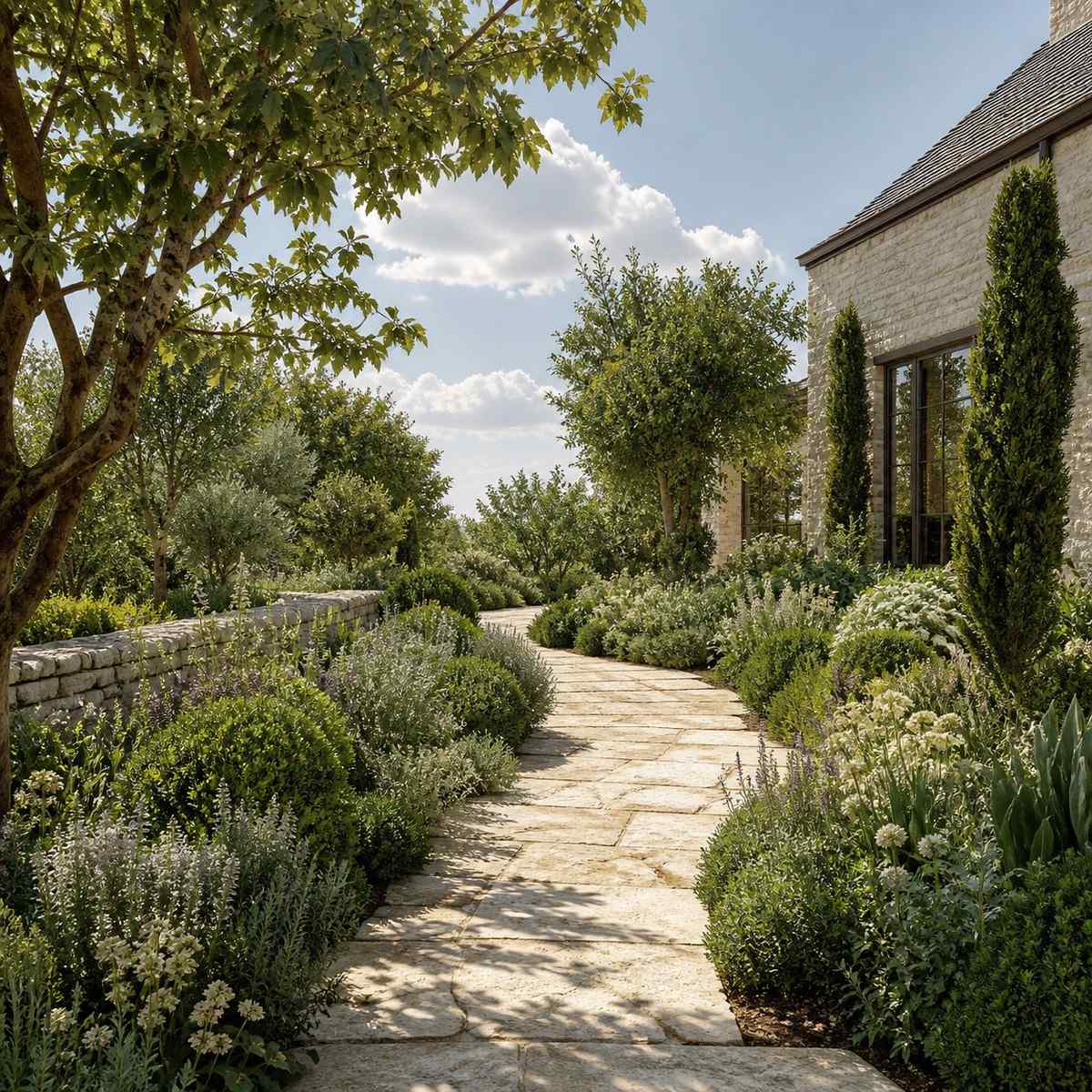 A sunlit garden path beside a stone house