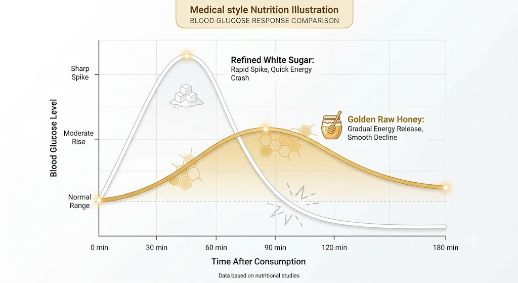 Medical illustration showing blood glucose response comparison between refined white sugar and golden raw honey. Refined white sugar causes a rapid spike and quick energy crash, while golden raw honey provides gradual energy release and smooth decline over time, as shown on a line graph with honeycomb and sugar cube icons.