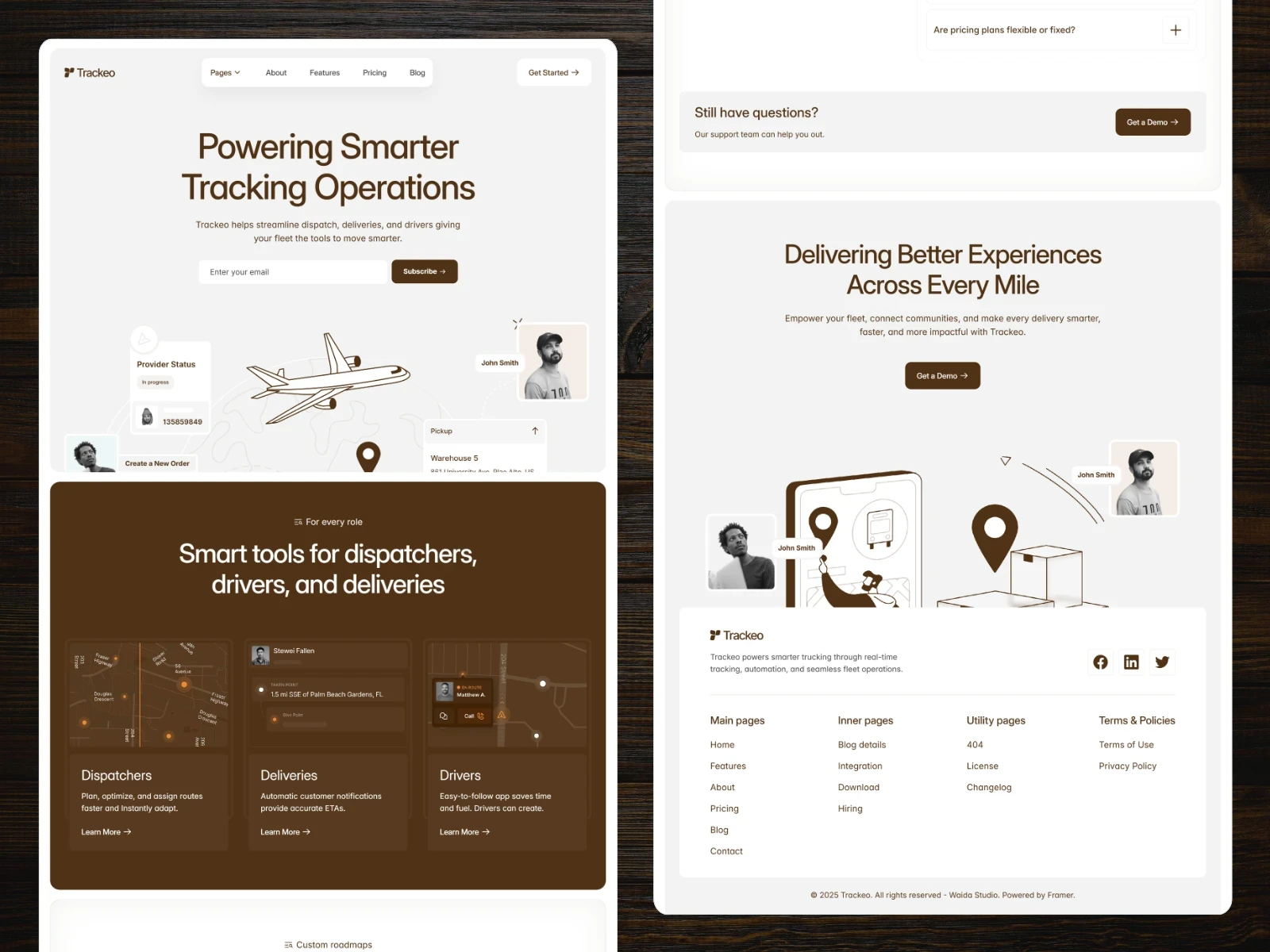 Trackeo logistics and fleet management Framer template featuring tracking tools, delivery operations, dispatchers, drivers, and route management.