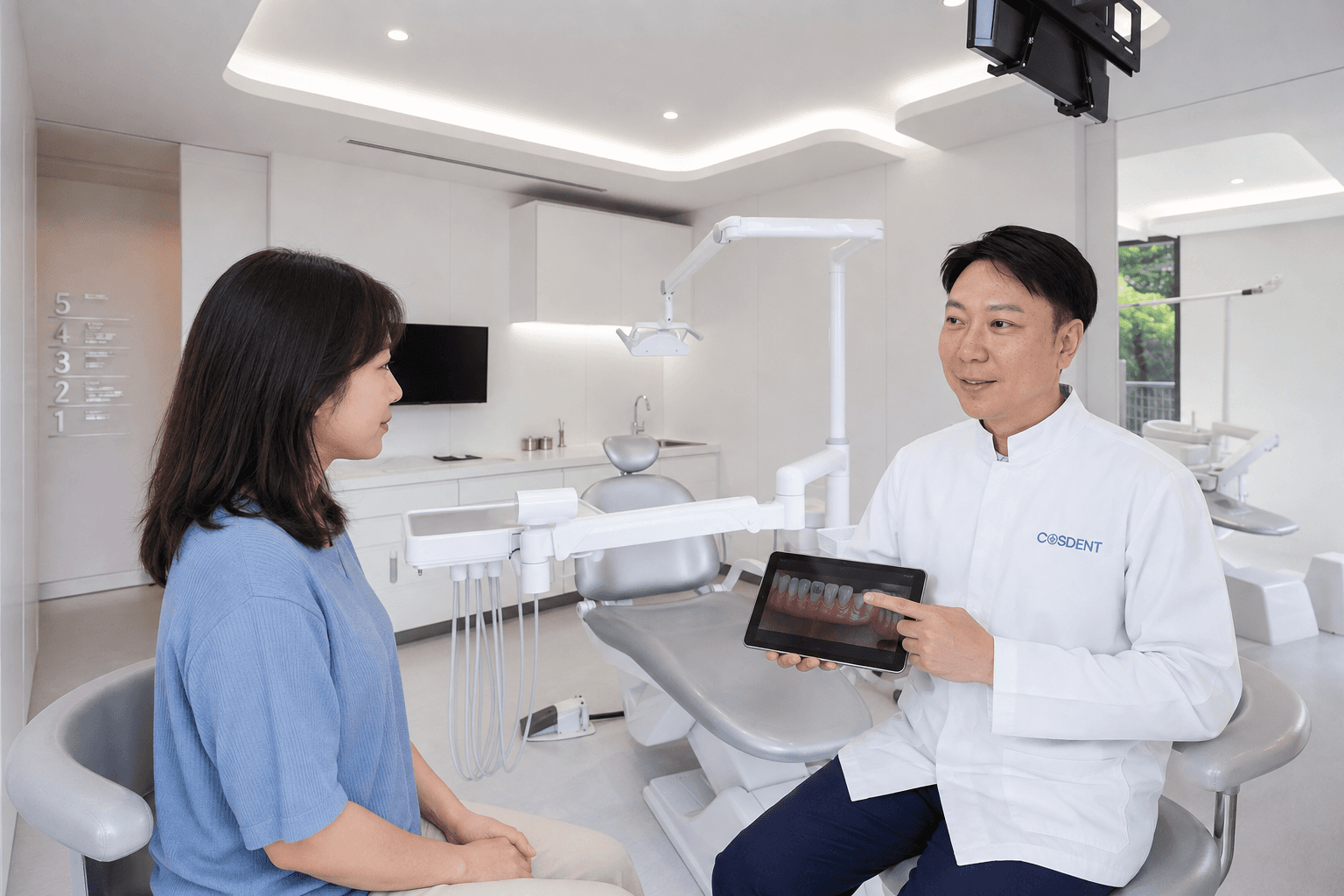 Dr. Daniel reviewing a fictional patient's gum-health assessment at COSDENT Rama 9 (AI-generated illustrative composite)