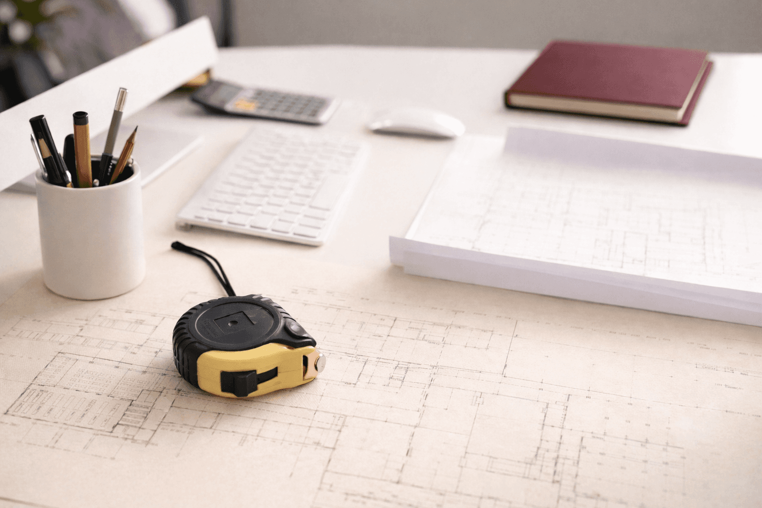 Plans d'aménagement intérieur posés sur un bureau d'architecte, conception d'espace professionnel