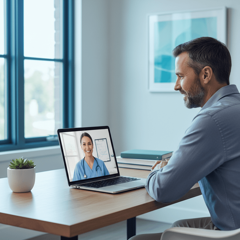 Professional, modern photograph of a confident man in his 40s having a virtual telehealth consultation on a laptop in a contemporary home office setting. Soft, natural lighting from a window creates a calm, professional atmosphere. The laptop screen shows a friendly healthcare provider. The environment is clean and organized with subtle teal and cerulean color accents in the decor (perhaps a plant, book spine, or art piece). The image should convey trust, comfort, and the convenience of modern telehealth. Shot with shallow depth of field, cool color temperature that complements the #285360 and #32B4DB brand colors.
