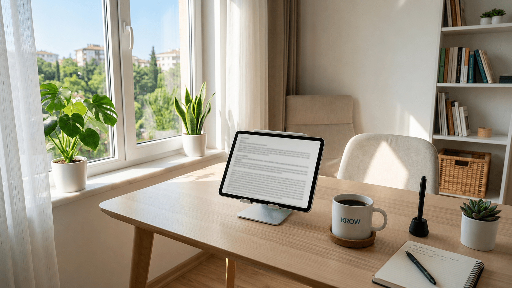 Doğal ışık alan modern bir çalışma odasında ahşap masa üzerinde bulanık ders notları gösteren bir tablet, mavi "KROW" yazılı kahve kupası, kalem, not defteri ve saksı bitkileri bulunan sade çalışma ortamı.