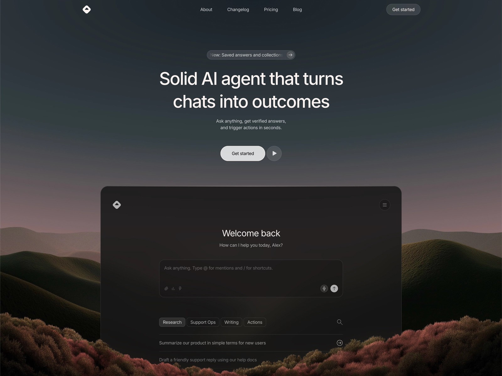 AI interface homepage with a chat feature, set against a dusk landscape.