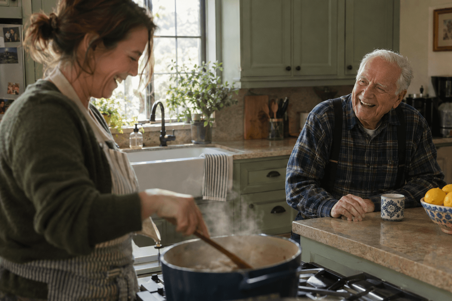A companion caregiver cooks at the stove while an older man seated at the counter laughs with her in a bright kitchen.